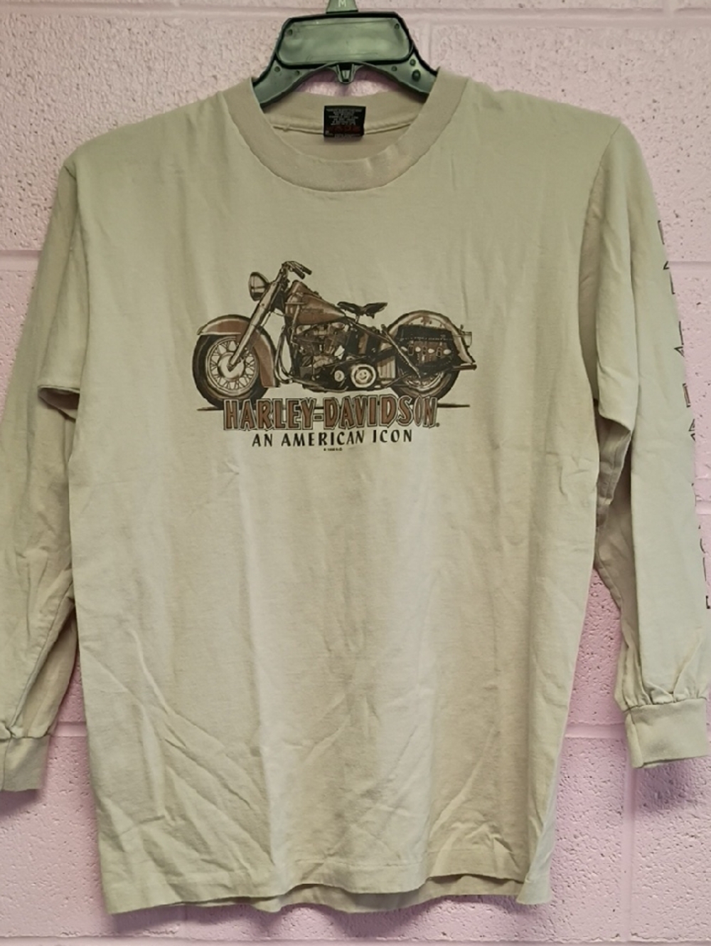Harley-Davidson Men's Long Sleeve Shirt - Light Beige with Motorcycle Graphic
